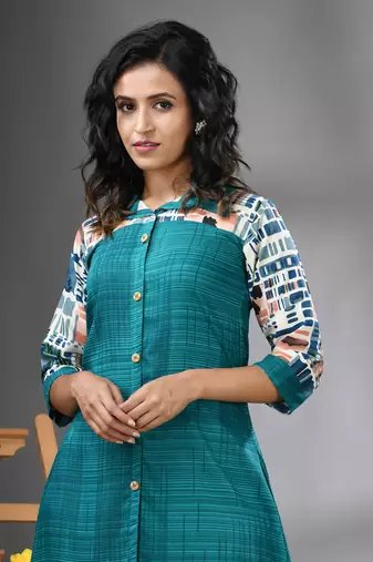 Turquoise rayon solid a-line kurta