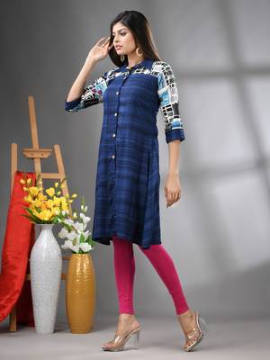 Navy blue rayon solid a-line kurta 2