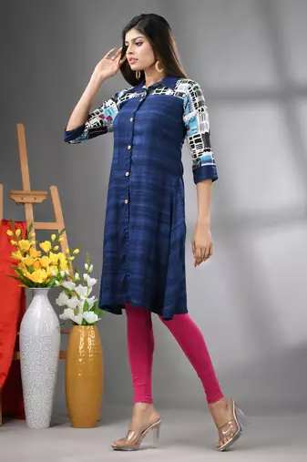 Navy blue rayon solid a-line kurta