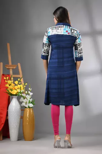 Navy blue rayon solid a-line kurta