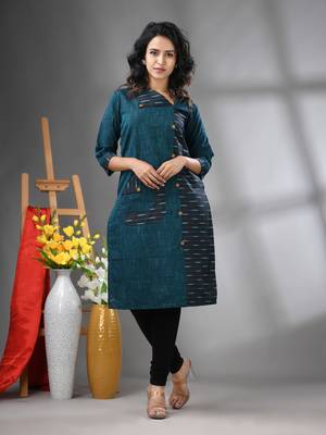 Teal cotton printed straight kurta 1