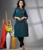 Teal cotton printed straight kurta