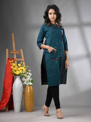 Teal cotton printed straight kurta 2