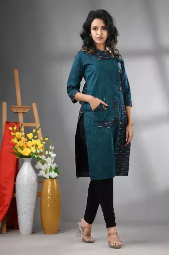 Teal cotton printed straight kurta