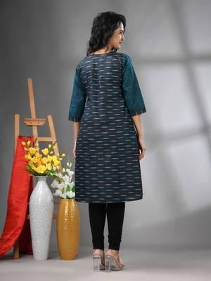 Teal cotton printed straight kurta 3