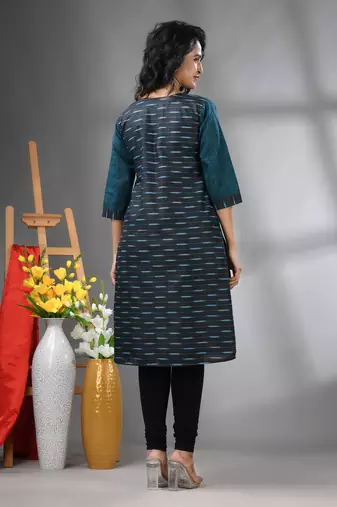Teal cotton printed straight kurta