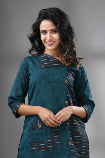 Teal cotton printed straight kurta