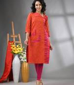 Orange cotton printed straight kurta