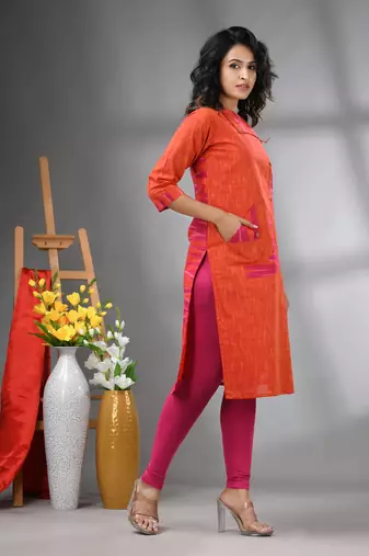 Orange cotton printed straight kurta