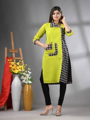Lime green cotton printed straight kurta 1