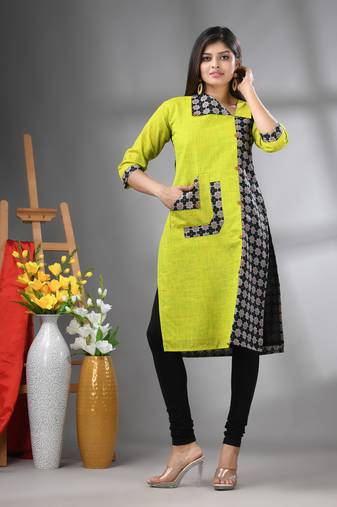 Lime green cotton printed straight kurta