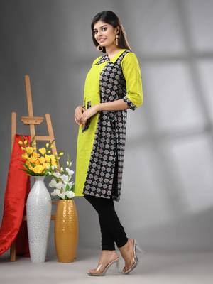 Lime green cotton printed straight kurta 2