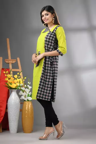 Lime green cotton printed straight kurta