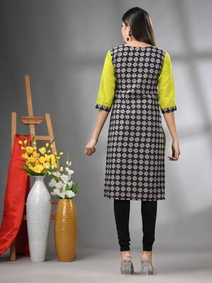 Lime green cotton printed straight kurta 3