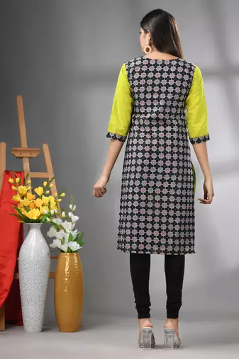 Lime green cotton printed straight kurta