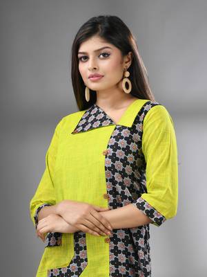Lime green cotton printed straight kurta 4
