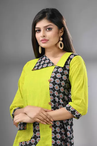 Lime green cotton printed straight kurta