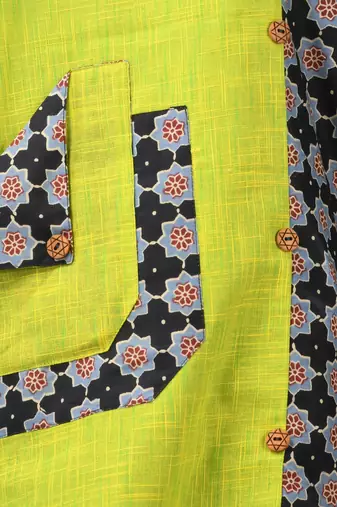 Lime green cotton printed straight kurta
