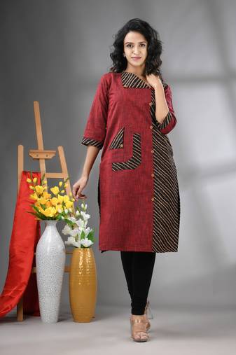 Maroon cotton printed straight kurta