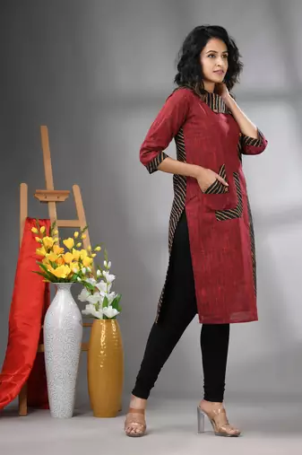 Maroon cotton printed straight kurta