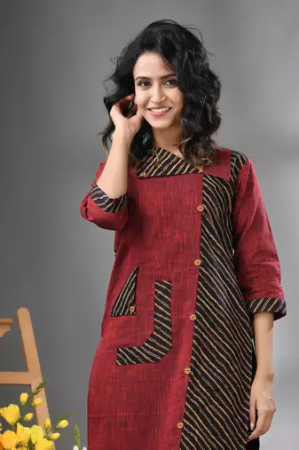 Maroon cotton printed straight kurta