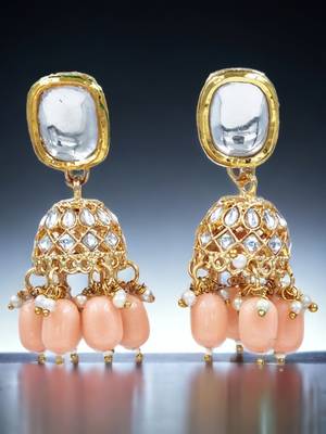 Exquisite gold-plated jhumka earrings with peach drops and square kundan 1