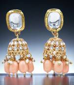 Exquisite gold-plated jhumka earrings with peach drops and square kundan