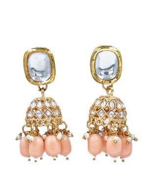 Exquisite gold-plated jhumka earrings with peach drops and square kundan 2