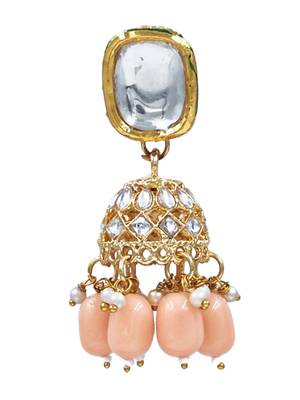 Exquisite gold-plated jhumka earrings with peach drops and square kundan 3