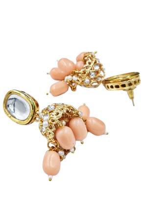 Exquisite gold-plated jhumka earrings with peach drops and square kundan 4