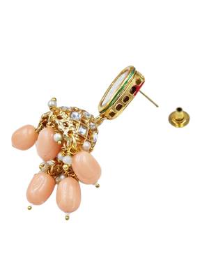 Exquisite gold-plated jhumka earrings with peach drops and square kundan 5