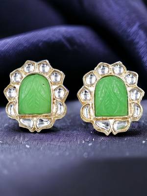 Chic mint carving stone stud earrings with light gold plating for women 1