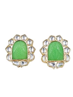 Chic mint carving stone stud earrings with light gold plating for women 2