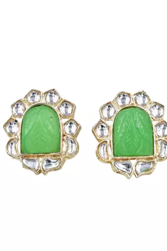 Chic mint carving stone stud earrings with light gold plating for women