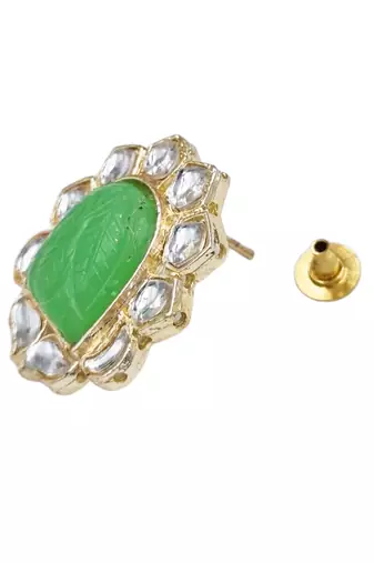 Chic mint carving stone stud earrings with light gold plating for women