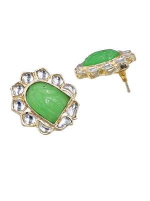 Chic mint carving stone stud earrings with light gold plating for women 4