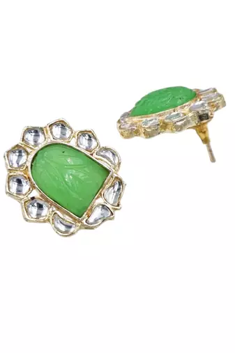 Chic mint carving stone stud earrings with light gold plating for women