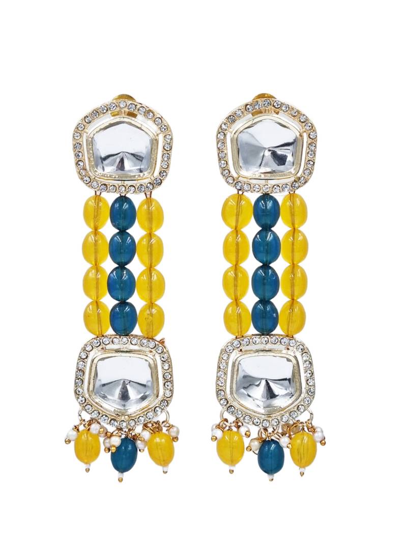 Statement drop long earrings with yellow and bottle green beads Aarna