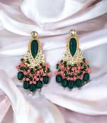Ethnic elegance gold-plated green drop stone earrings with green and pink meenakari