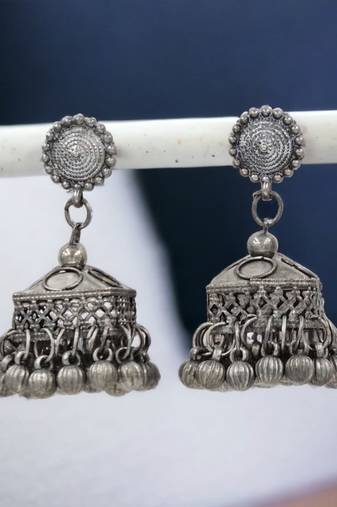 Silver-plated oxidized geometric jhumkas earrings