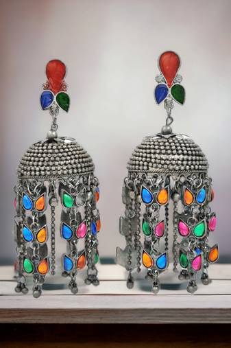 Oxidised silver-toned beaded dome shaped jhumkas earrings