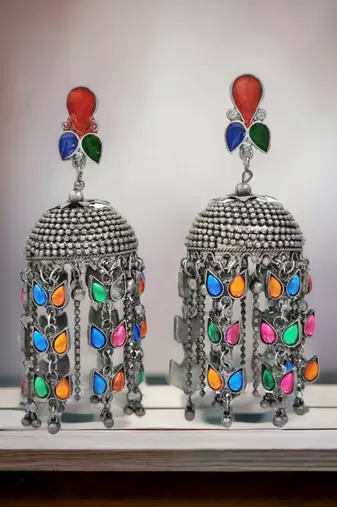 Oxidised silver-toned beaded dome shaped jhumkas earrings