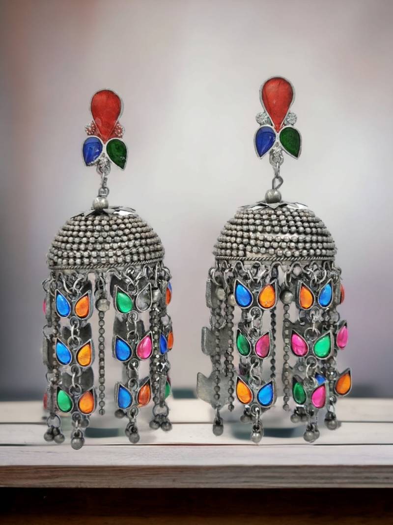 Oxidised silver-toned beaded dome shaped jhumkas earrings