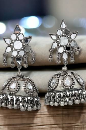 Oxidised silver-toned dome shaped jhumkas