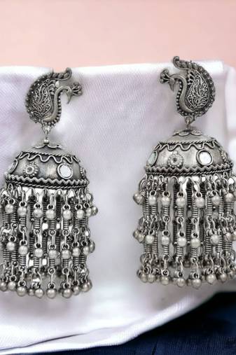 Oxidised silver-toned dome shaped jhumkas
