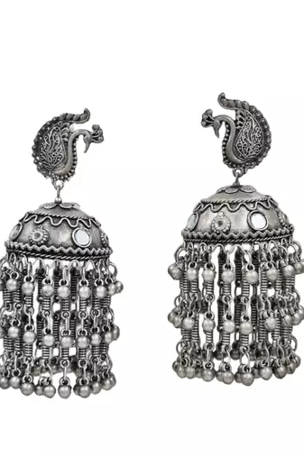 Oxidised silver-toned dome shaped jhumkas