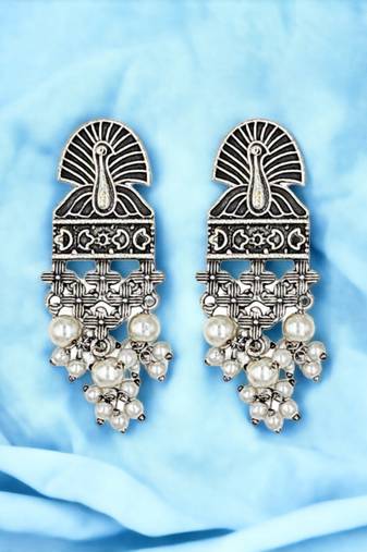 Silver-plated oxidised contemporary drop earrings