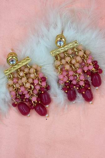 Pink cluster beads drop kundan dangle earring for women er 101 mlt 95