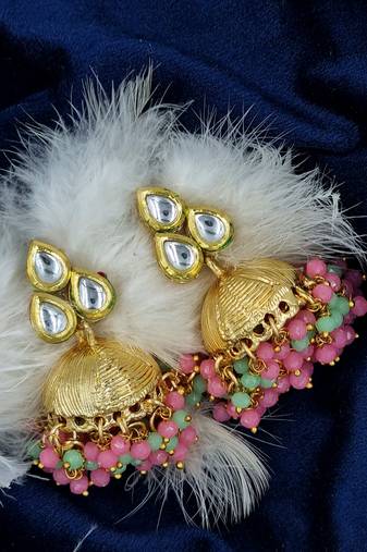 Pink stone & cluster beads & pearl drops ethnic jhumki earring for women er 111 mlt 240