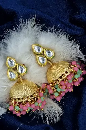 Pink stone & cluster beads & pearl drops ethnic jhumki earring for women er 111 mlt 240
